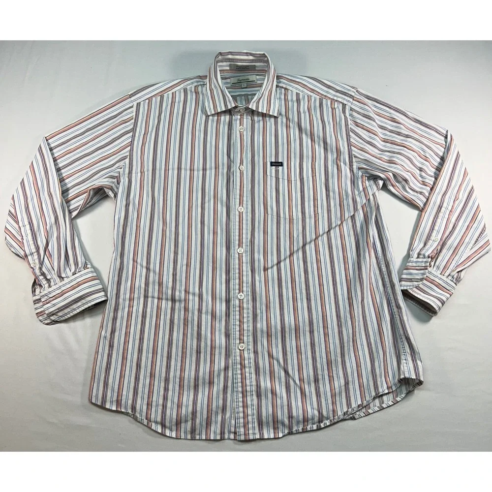 Faconnable Mens Large Striped Button Down Shirt‎ Blue Orange White Cotton L/S